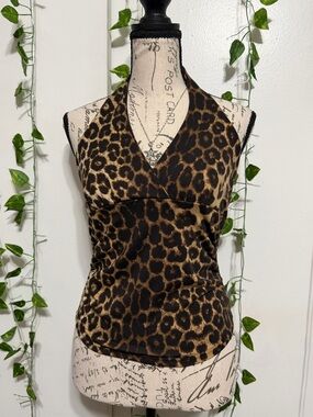 ROMWE Leopard Print Halter Camisole - Brown & Black